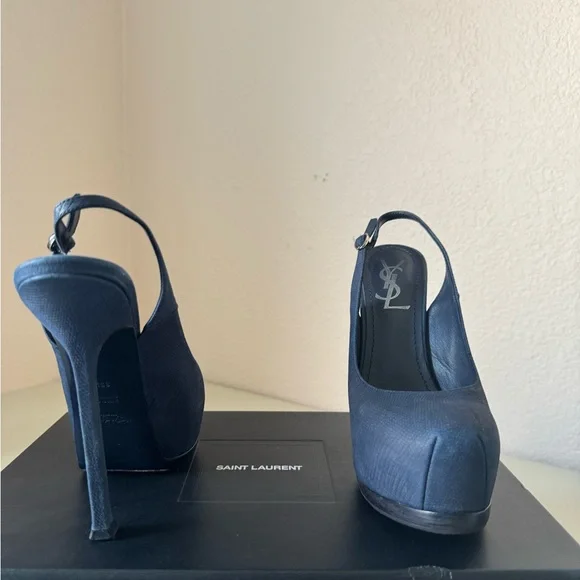 Saint Laurent Navy Blue Suede Tribtoo Slingback Heels 105mm - Picture 5 of 15